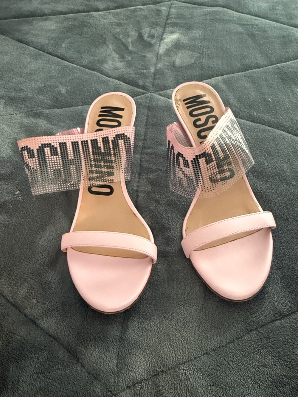 Moschino Pink Crystal Logo Slide Mules